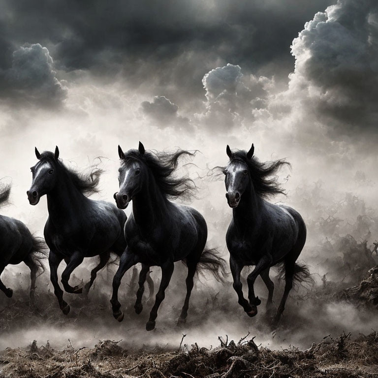 Three galloping horses in stormy sky scene