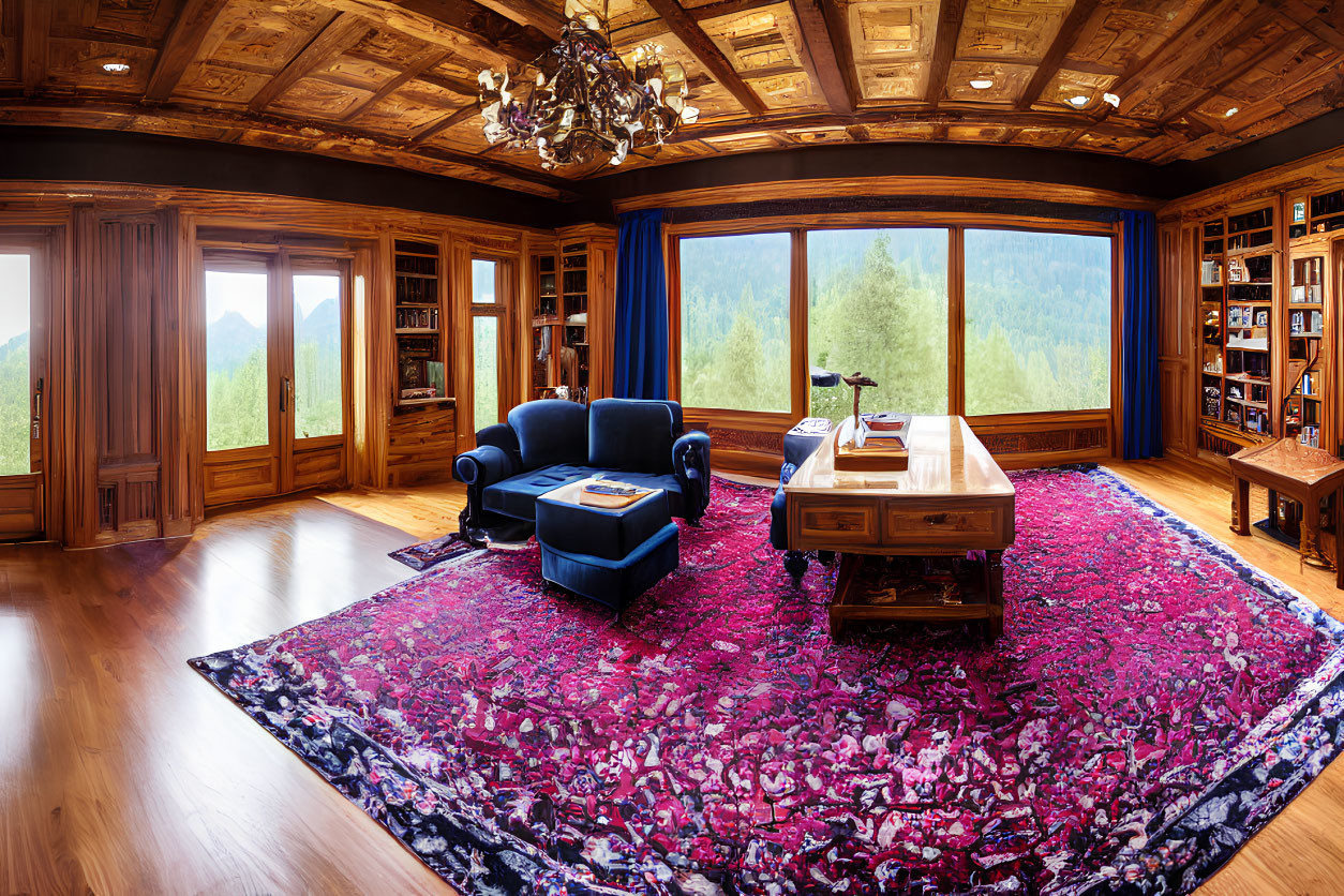 Rustic cabin interior with mountain views, blue sofa, rug, and bookshelf