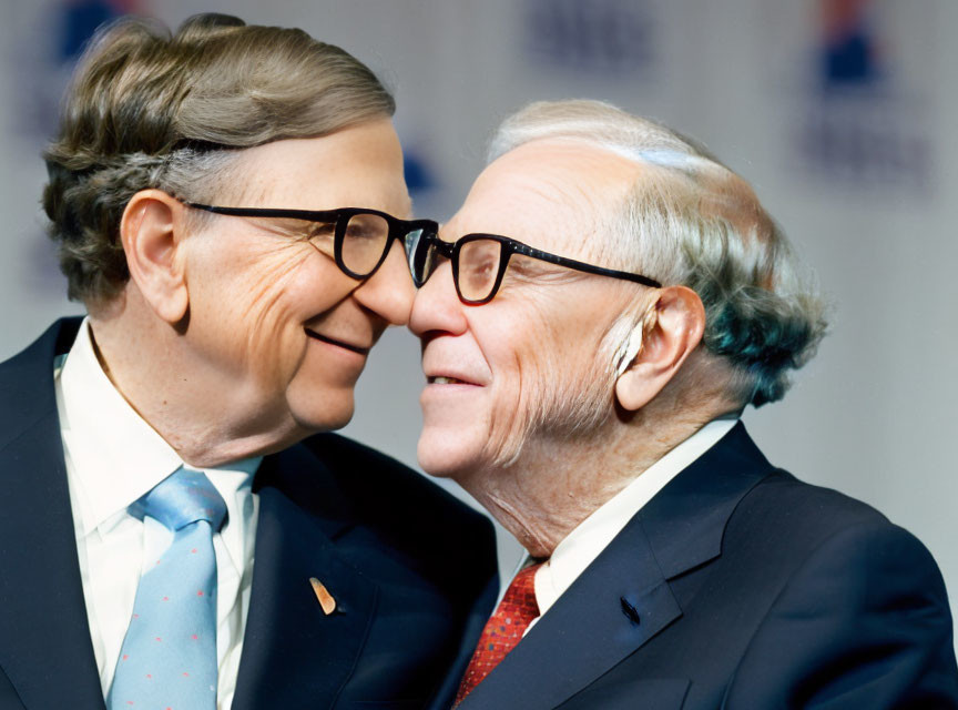 Two older men in glasses, one whispering, in professional attire on blue backdrop