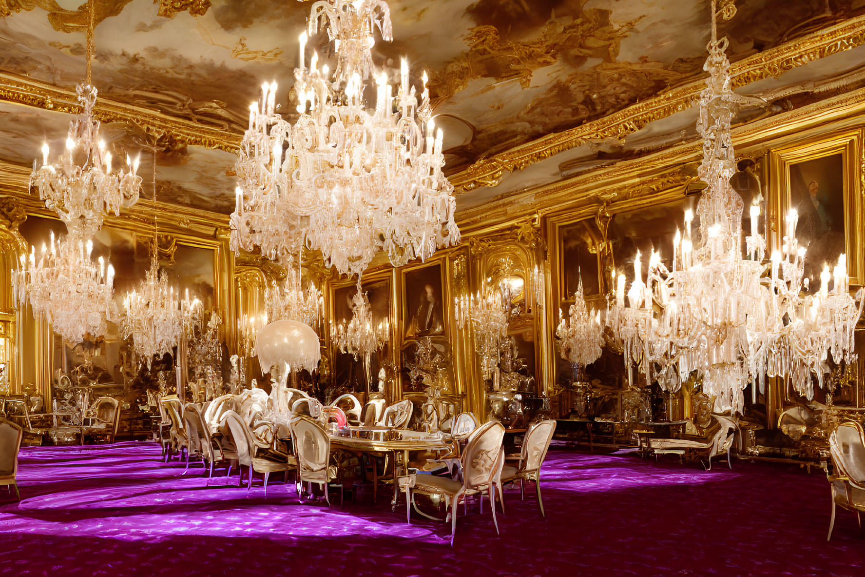 Luxurious Room with Golden Walls, Crystal Chandeliers, Mirrors, Purple Carpet, and Furniture