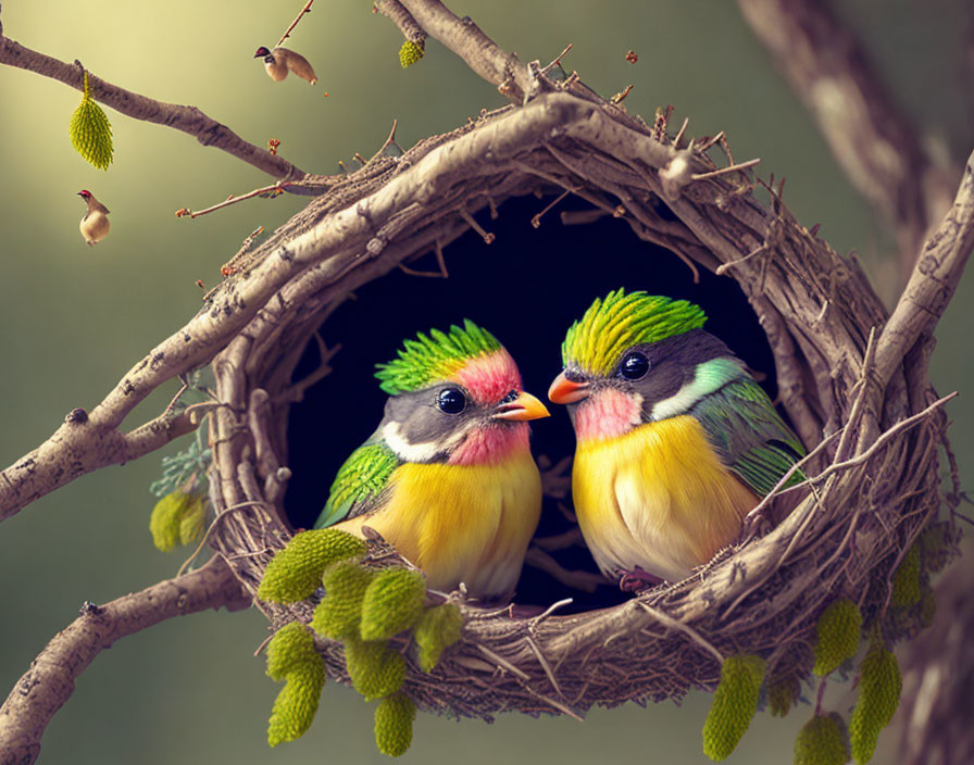 Colorful Birds Perched in Circular Nest with Budding Leaves