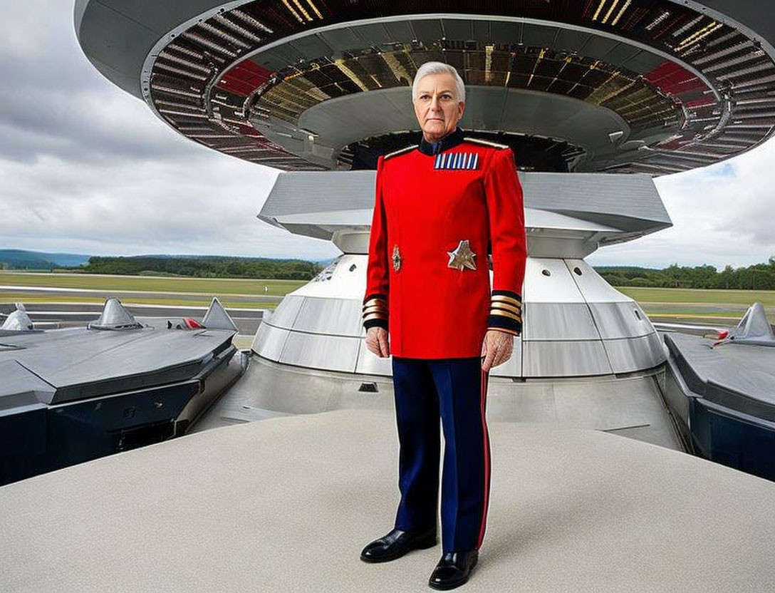 Person in Red and Black Uniform with Emblem Standing by UFO Spaceship