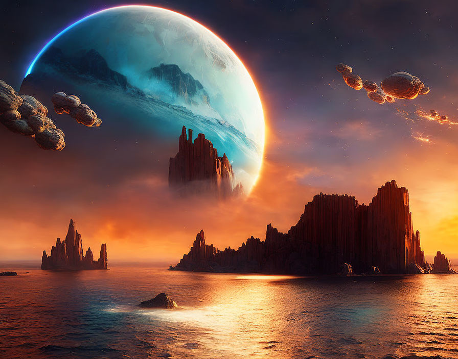 Surreal landscape with towering rock formations and floating rocks under a large planet in warm light