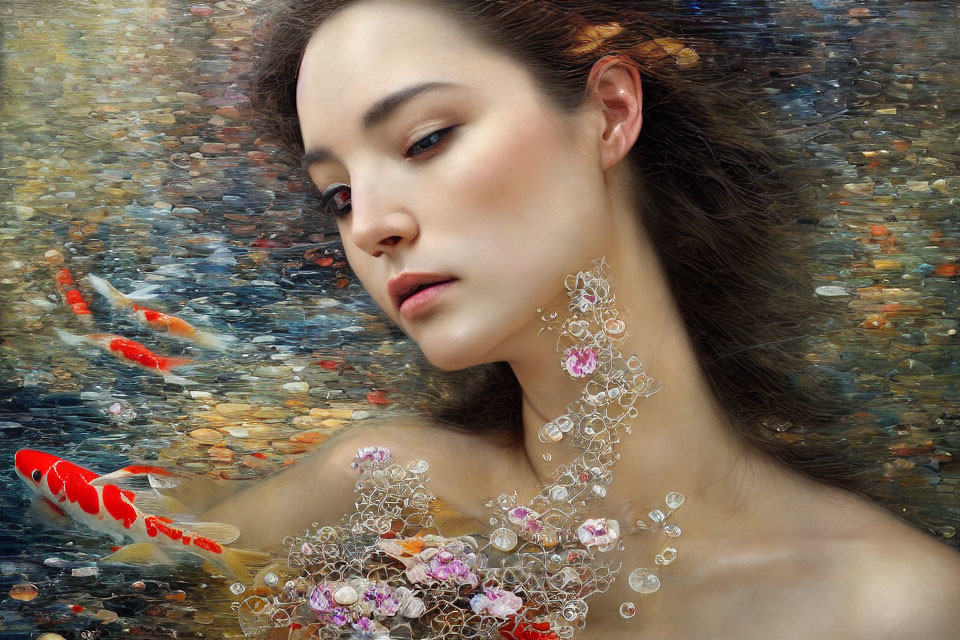Woman with flowers and koi fish in water: Realism meets impressionism
