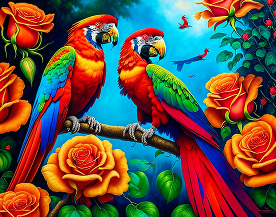 Vibrant red macaws on branch with red roses and blue sky