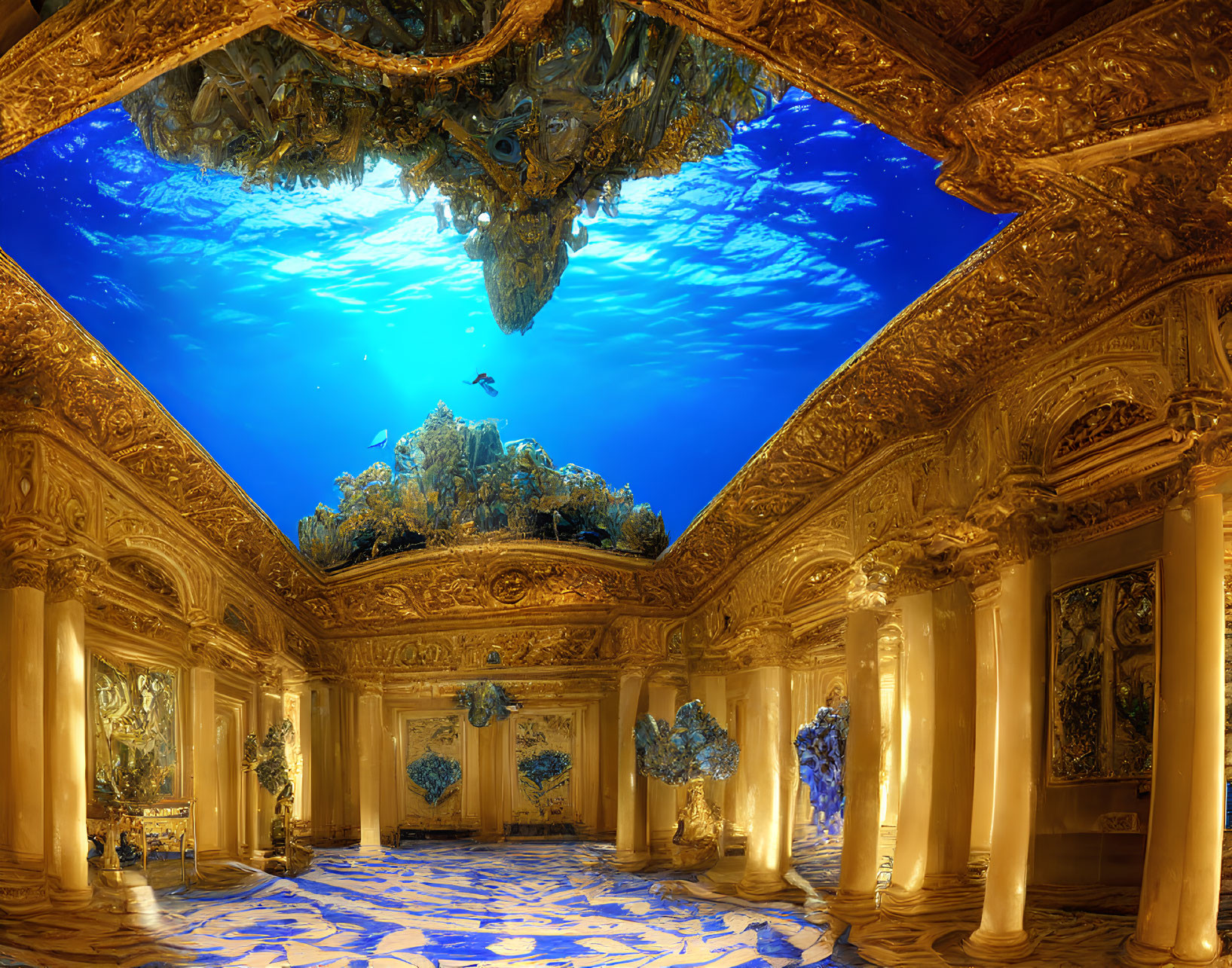 Luxurious Golden Room with Baroque Decor and Blue Aquarium Ceiling.