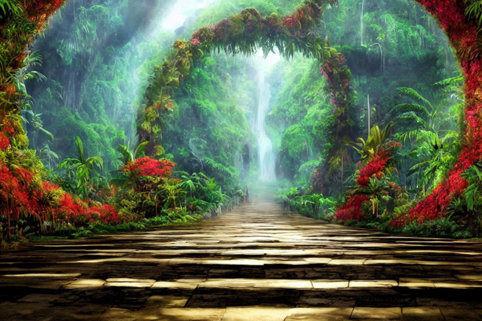 Lush Jungle Scene with Red Flowers, Wooden Path, and Waterfall
