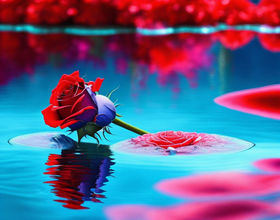 Vibrant red rose reflected in calm blue water with rose petals and submerged rose