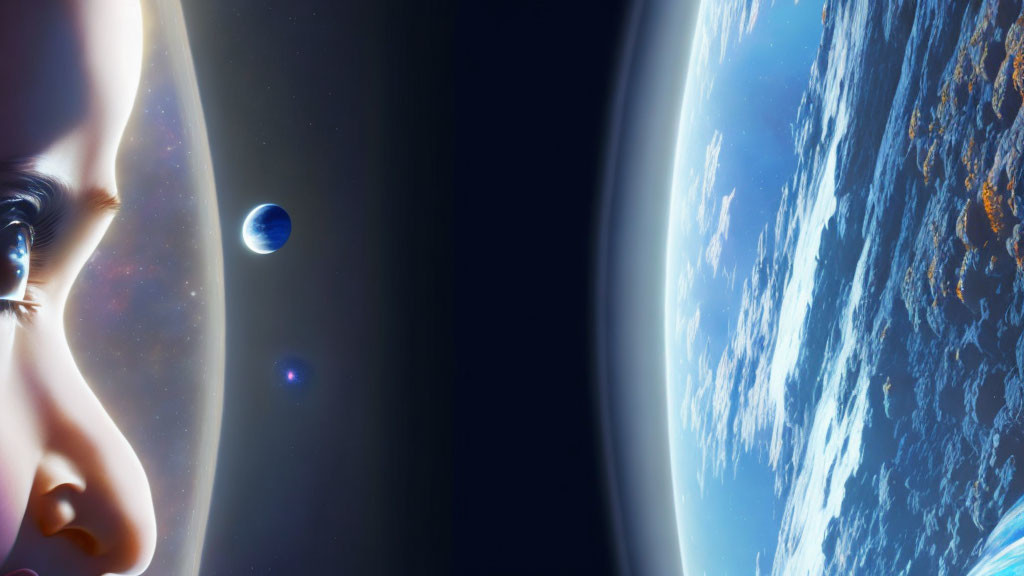 Close-up of person's face with Earth's horizon and distant planets in backdrop