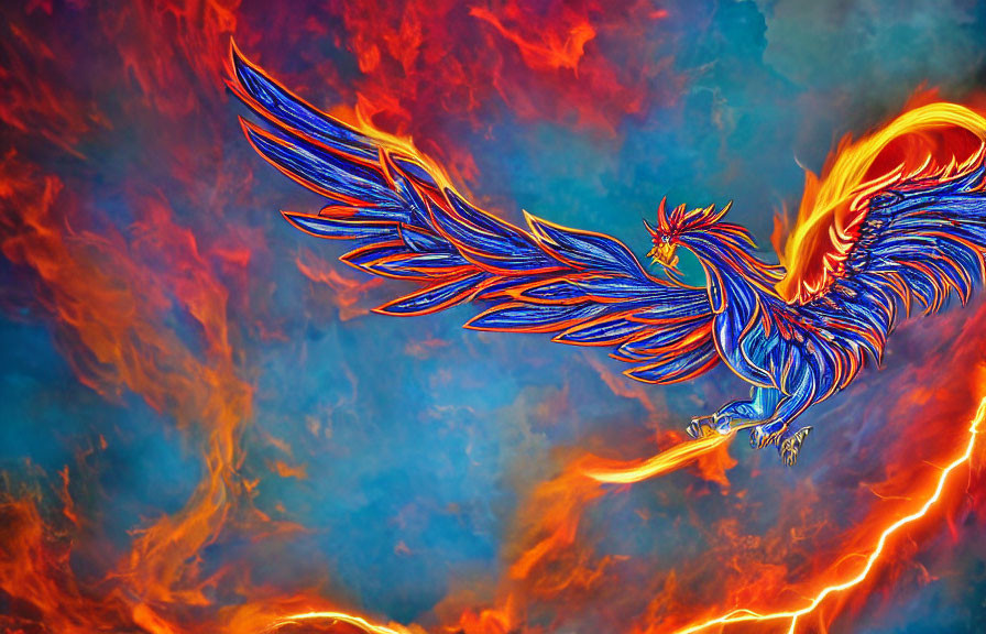 Colorful Phoenix Illustration Soaring in Fiery Sky