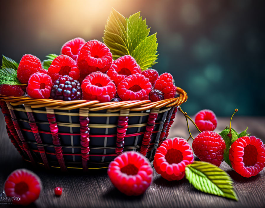 Colorful Fresh Berry Basket with Green Leaves on Bokeh Background