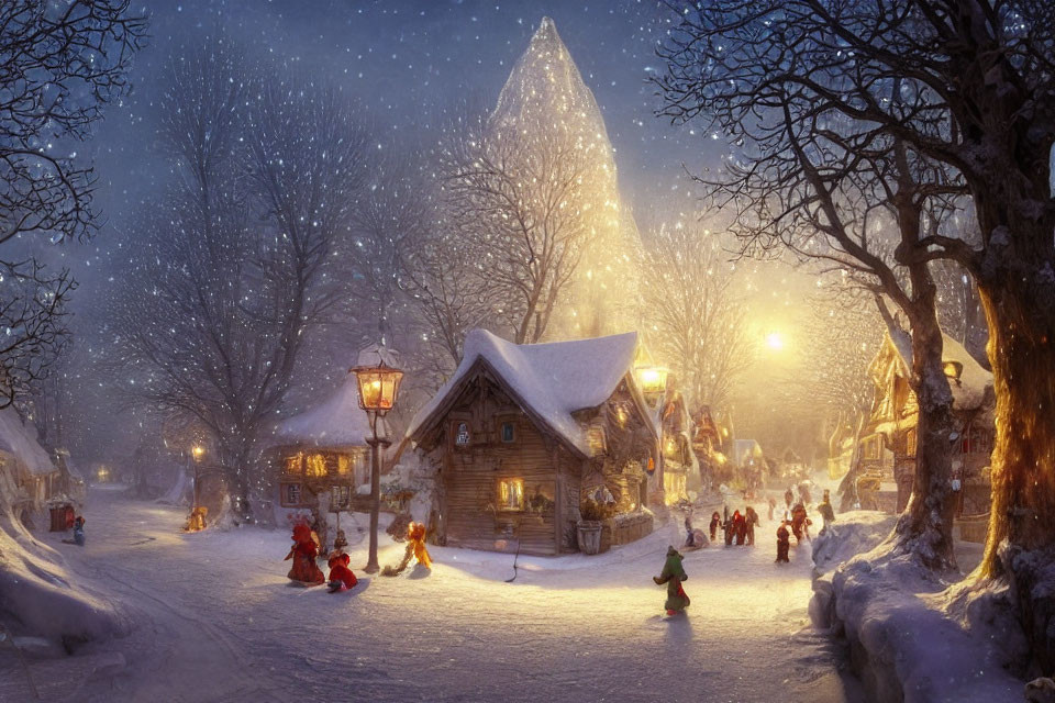 Snowy village scene with illuminated houses, street lamps, and winter atmosphere.