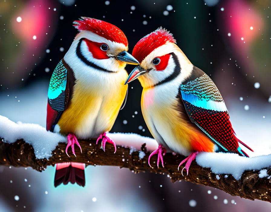 Colorful birds with intricate feathers on snowy branch amid falling snow and bokeh lights.