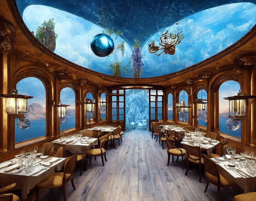 Fantasy-themed dining room with underwater view ceiling and mountainous landscape.