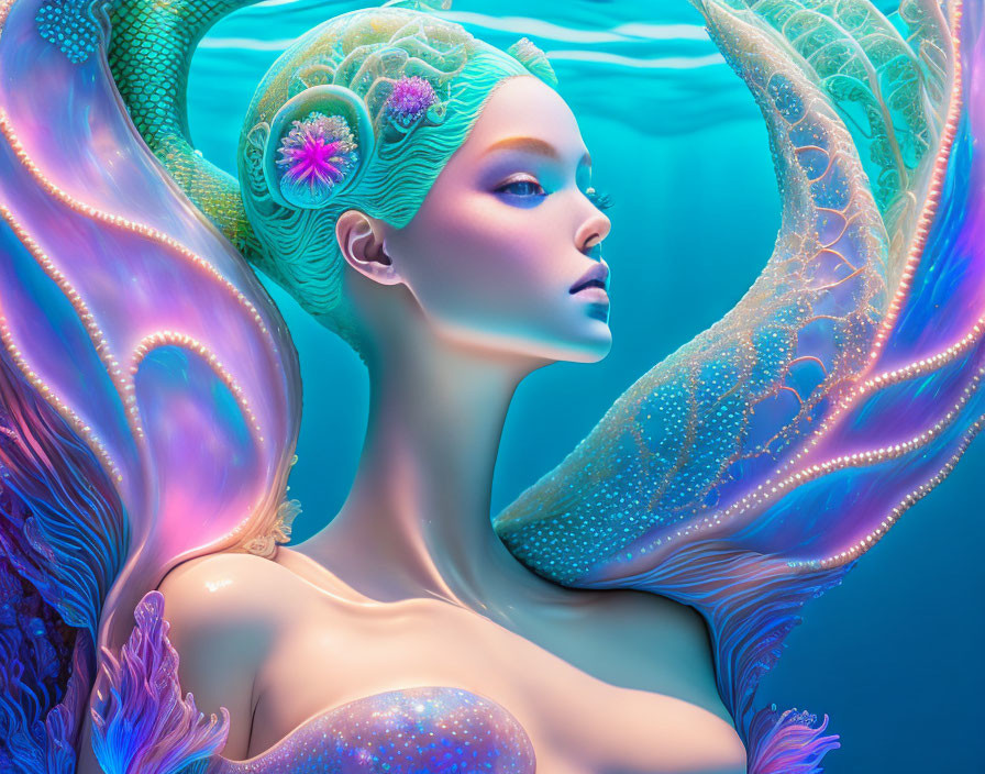 Vibrant digital artwork: fantasy mermaid with intricate coral-like patterns