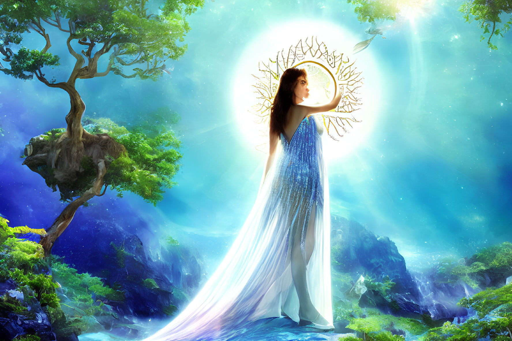 Mystical woman in blue gown with dove near glowing tree in vibrant forest