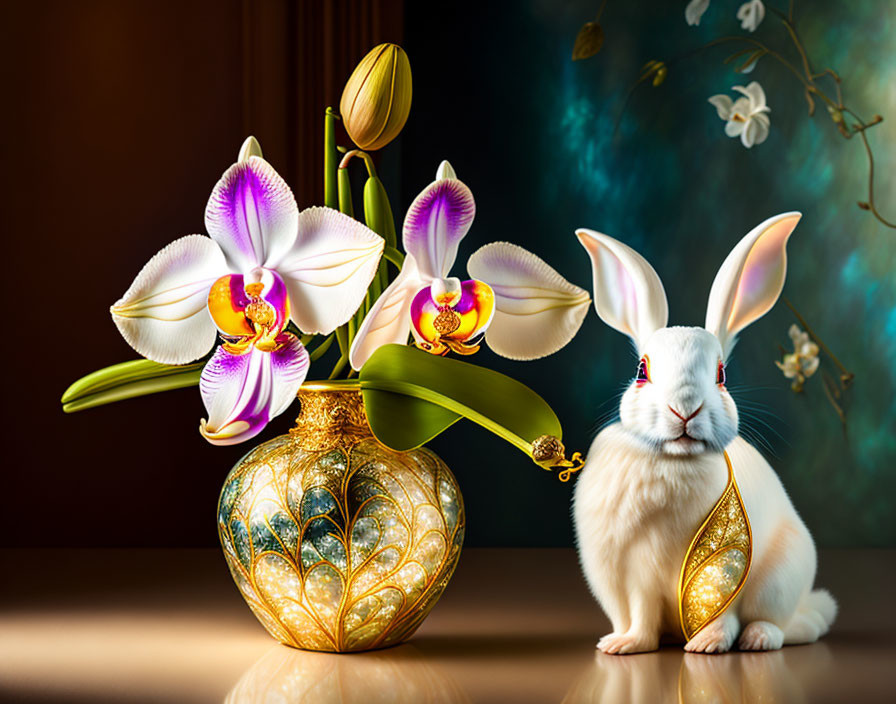 White Rabbit with Orchids and Golden Vase on Blue and Brown Background