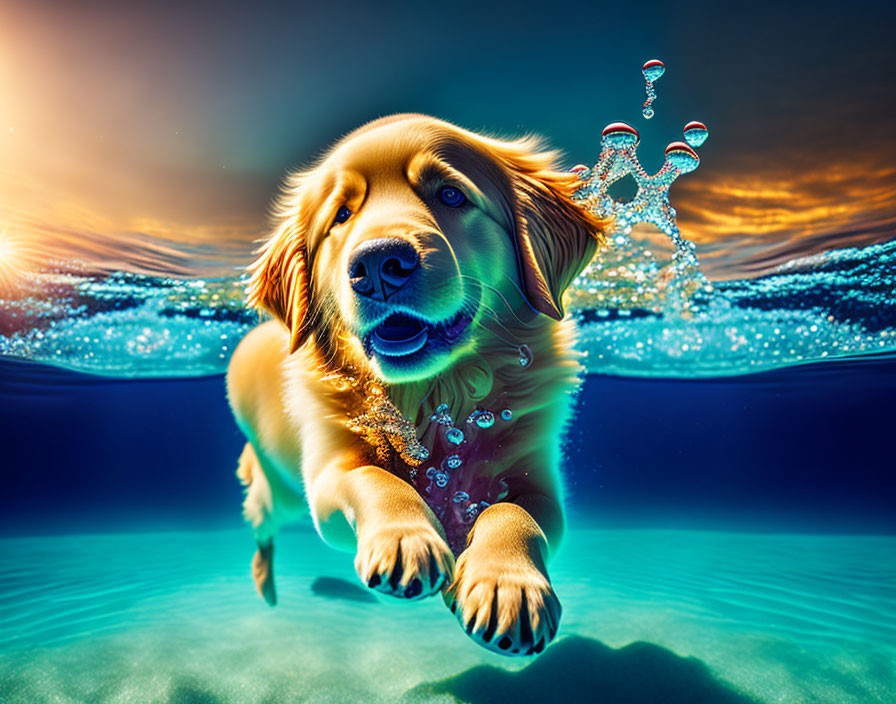 Colorful Dog Swimming in Sunset Waters with Molecular Structure Above