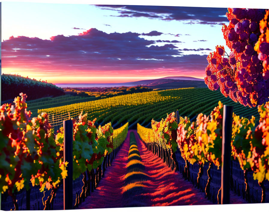 Sunset vineyard scene with vibrant purple grapes and colorful sky