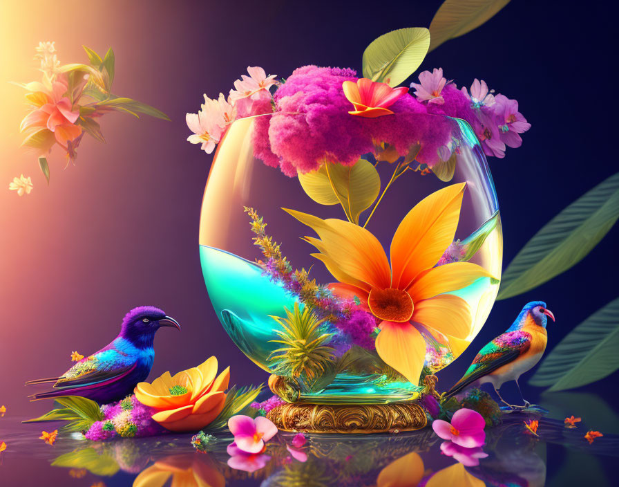 Colorful Flora in Round Glass Vase with Birds and Purple Aesthetic