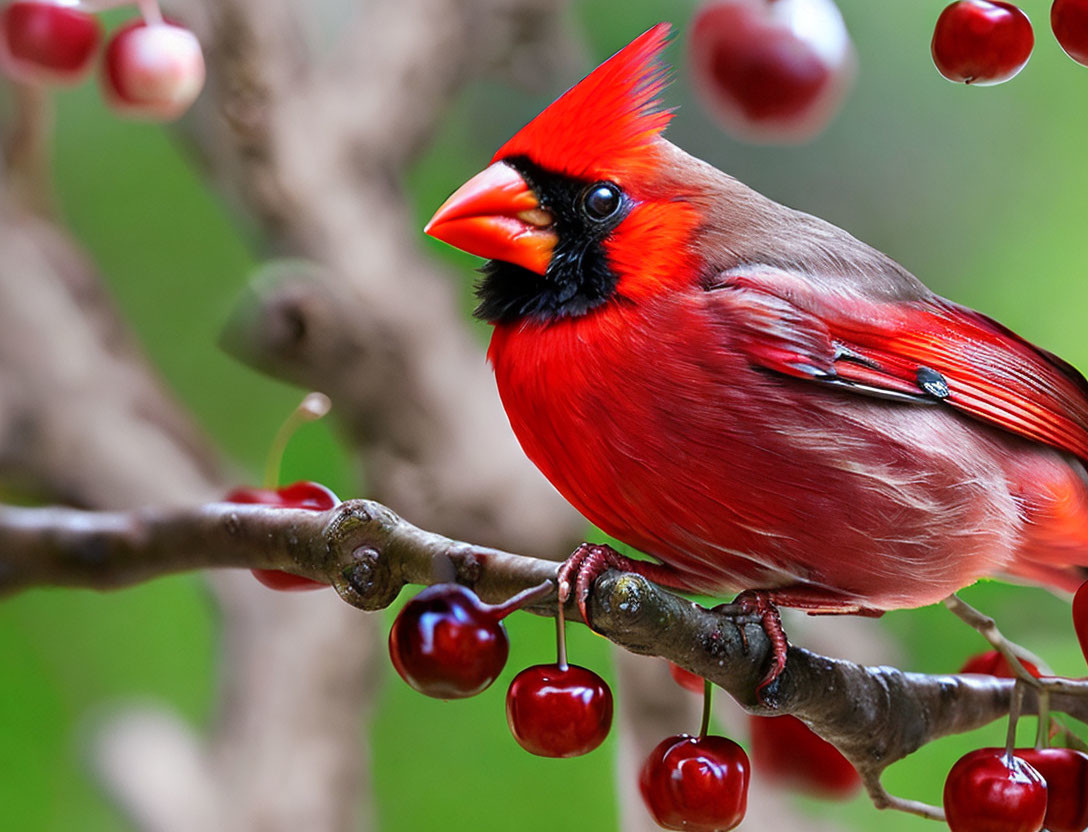 Vibrant red cardinal on branch with red berries in green background