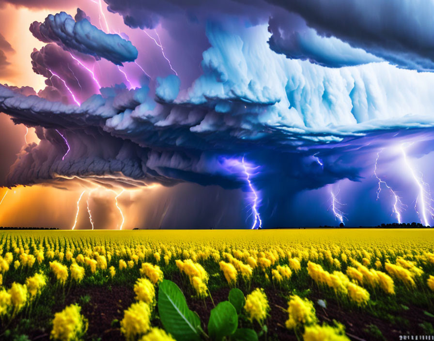 Purple Lightning Storm Over Blooming Yellow Field