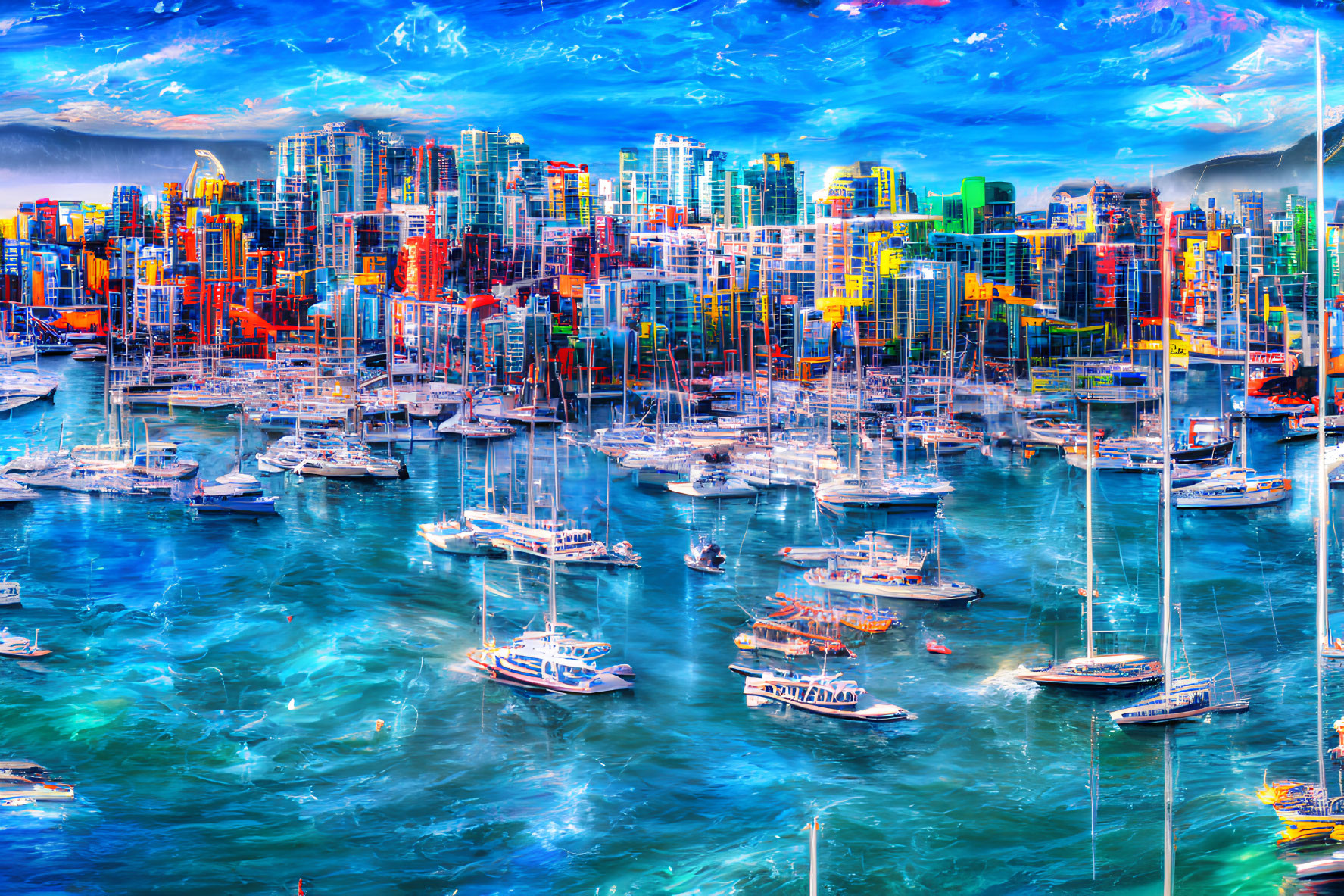 Vibrant city skyline and marina with modern buildings and boats on blue water
