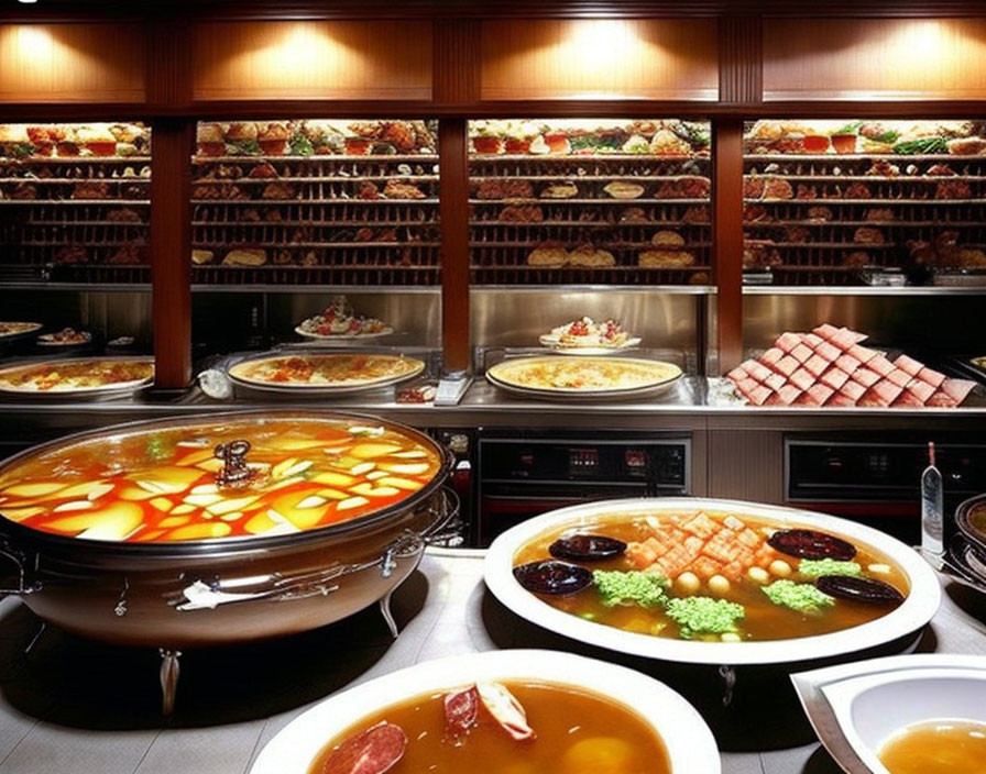 Luxurious Buffet Spread with Diverse Dishes and Salad Bar in Cozy Ambiance