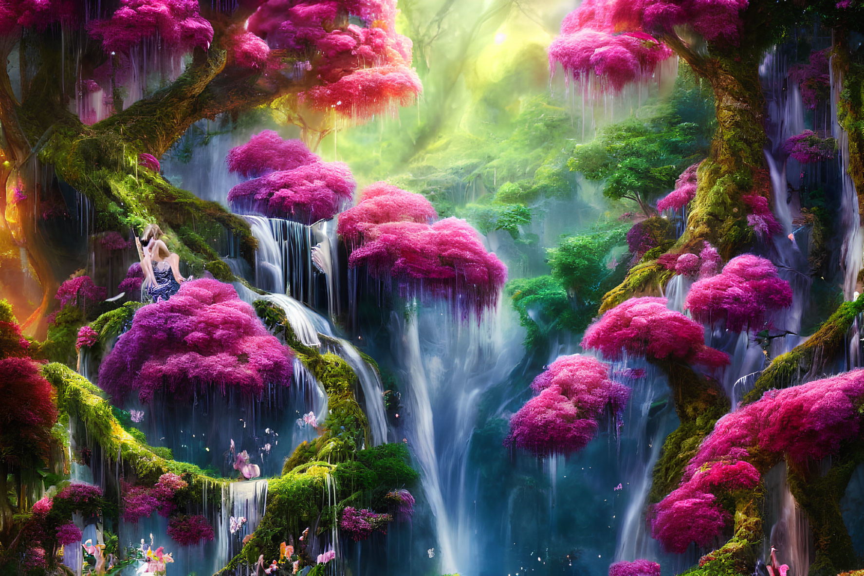 Fantasy landscape with pink foliage, waterfalls, mist, and ethereal light.