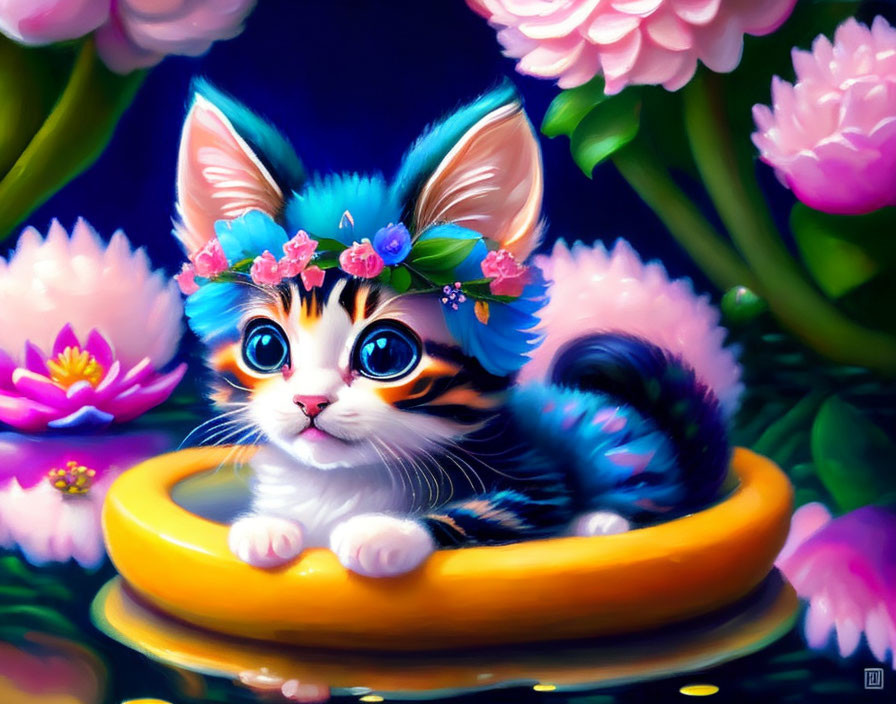 Colorful kitten with floral crown on ring among pink flowers and lily pads