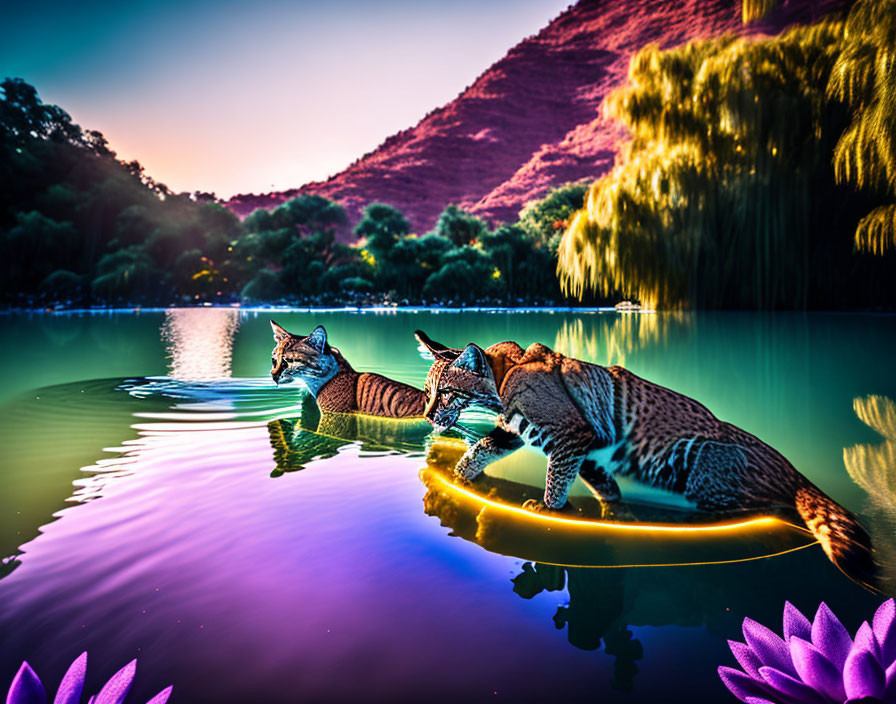 Ocelots in Water at Twilight with Colorful Reflections