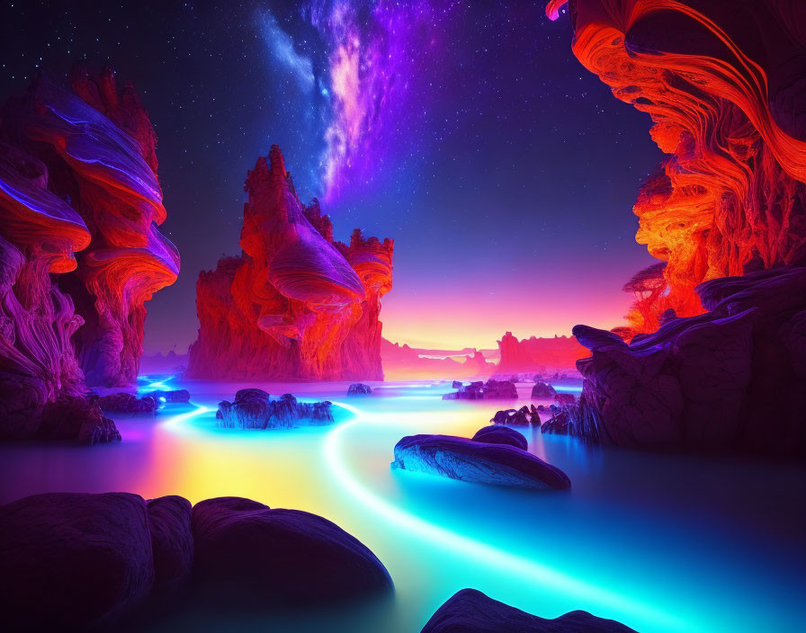 Majestic red rock formations and glowing blue rivers under a twilight sky
