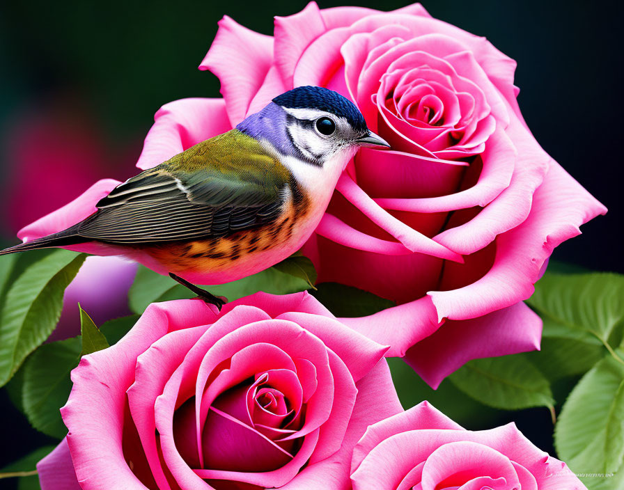 Colorful bird on pink roses with dark background