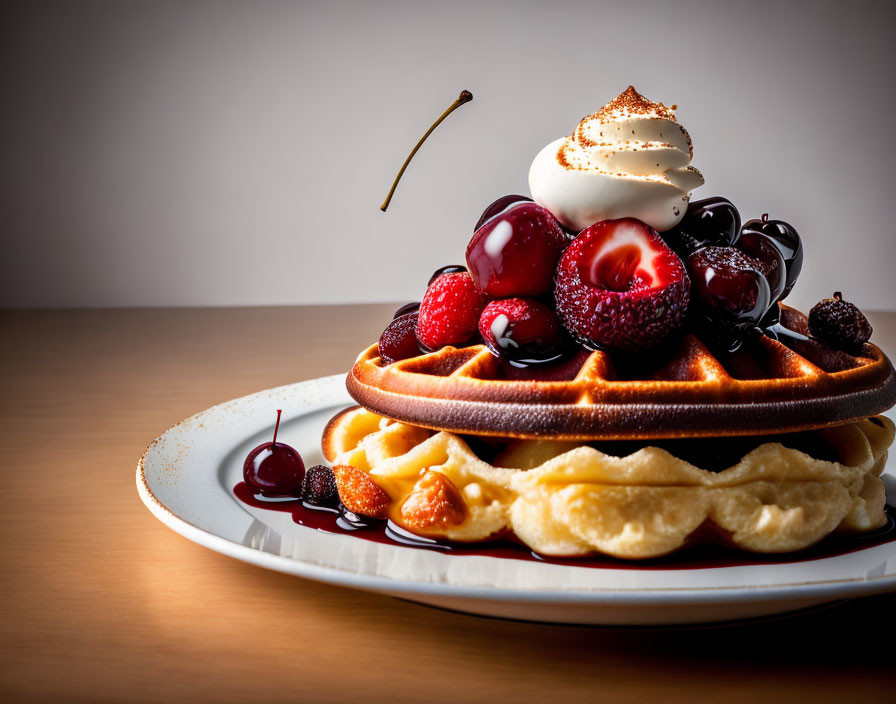 Plate of Waffles with Whipped Cream, Berries, and Syrup on Wooden Table