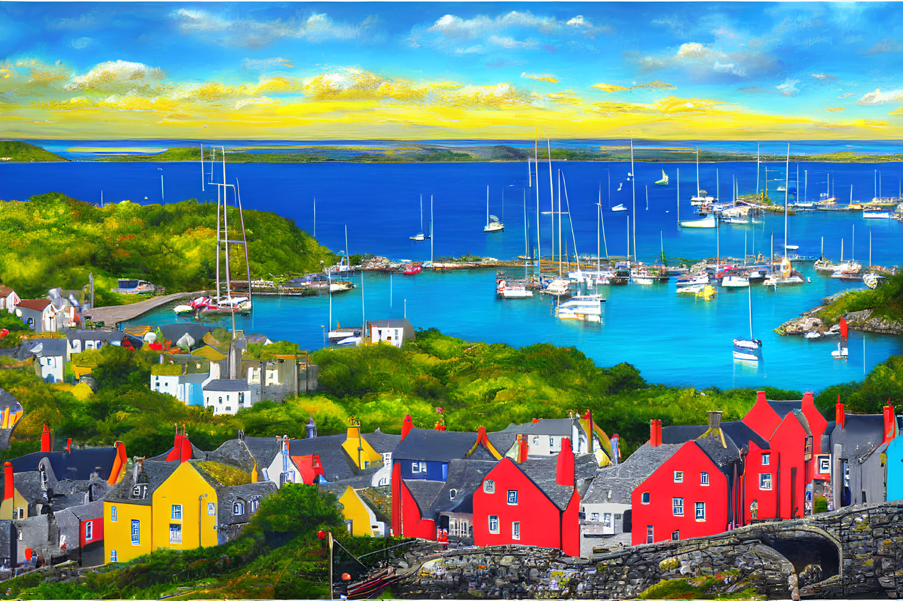 Scenic coastal village with colorful houses and sailboats