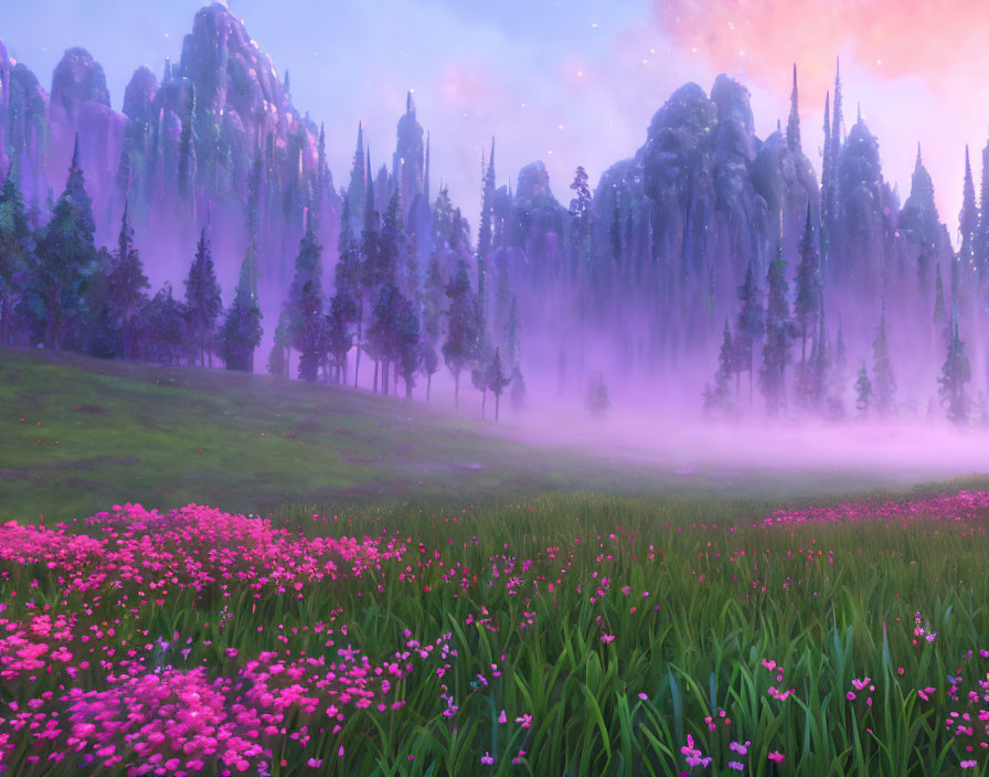Twilight fantasy landscape with pink flowers, misty fields, and purple mountains