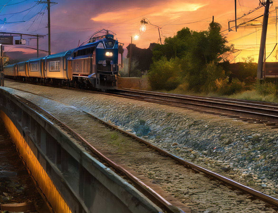 Train approaching on tracks at dusk with vibrant orange and blue sky and overhead power lines.