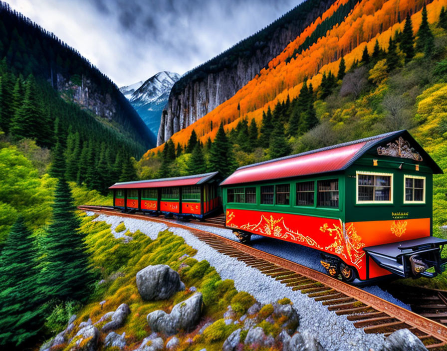 Colorful train travels through autumn mountainscape