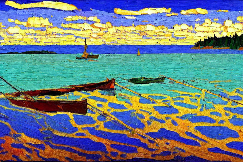 Vibrant Expressionist Painting of Boats on Shore