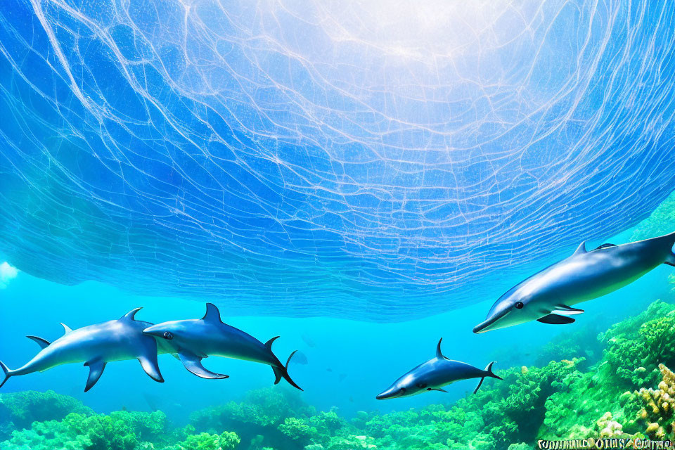 Graceful Dolphins Swimming Under Sunlit Sea Surface