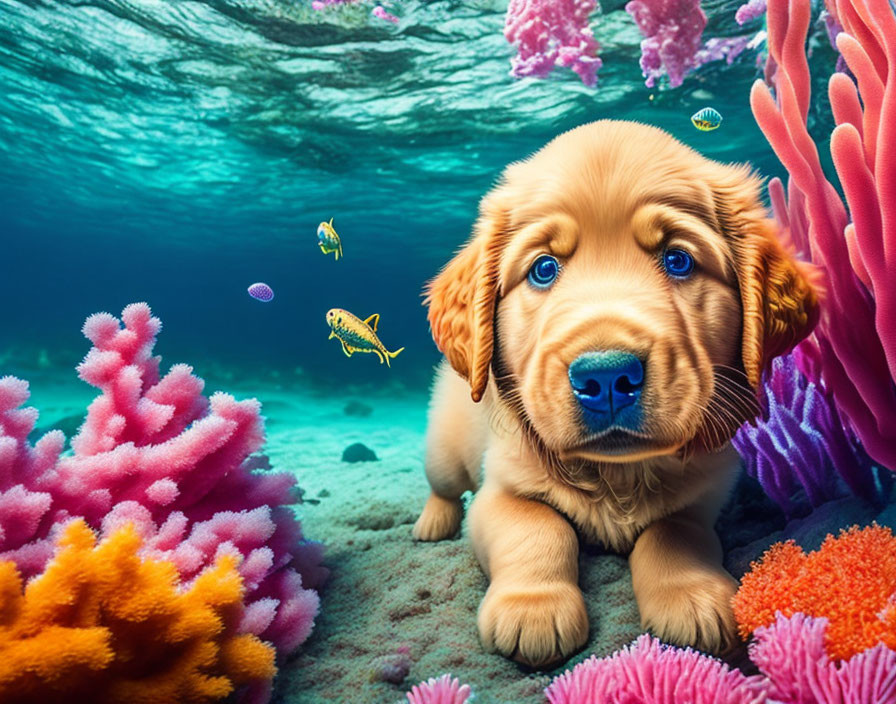 Playful puppy exploring colorful coral and fish in underwater scene