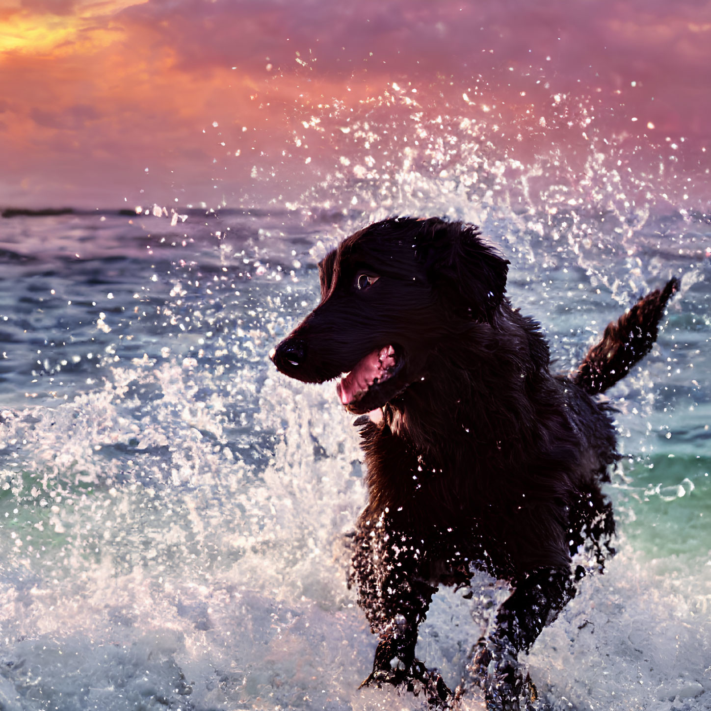 Black Dog Playing in Sea at Sunset with Pink and Orange Sky