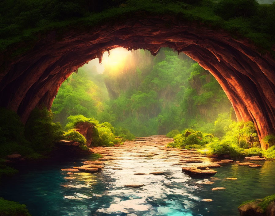 Tranquil river under rock arch in lush setting & warm sunlight.