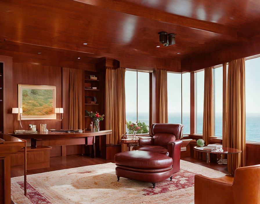 Luxurious Room with Wooden Panels, Red Leather Armchair, Sea View, Desk, Books, and