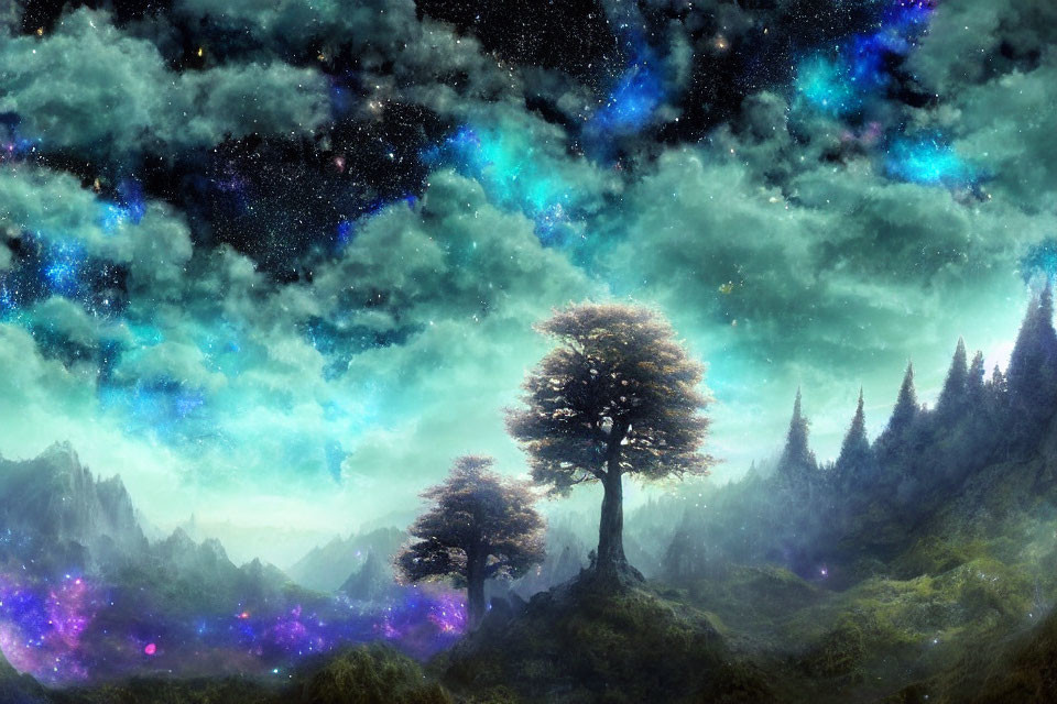 Fantastical landscape with starry sky and lush forest foreground.