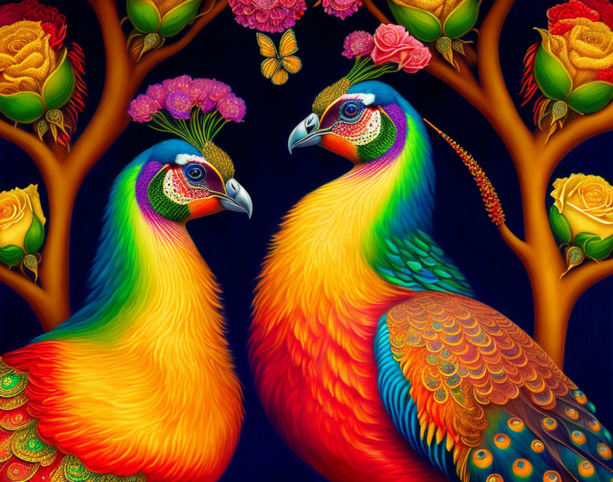 Vibrant Peacocks with Elaborate Plumes in Colorful Illustration