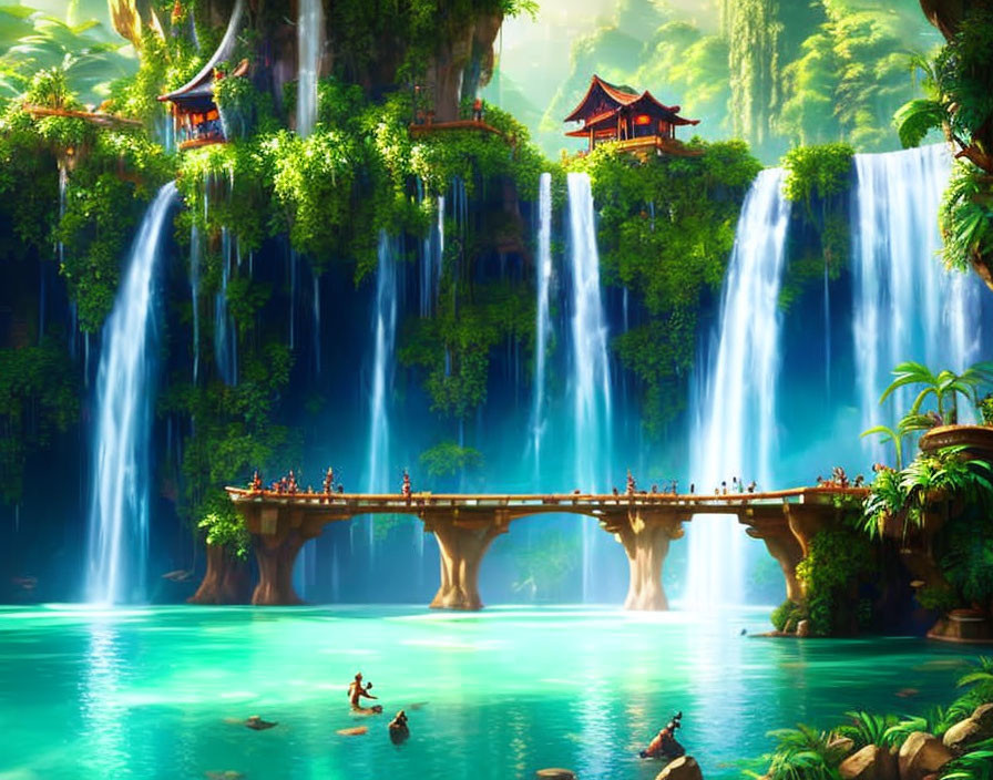 Majestic waterfall, lush greenery, traditional bridge, Oriental-style building