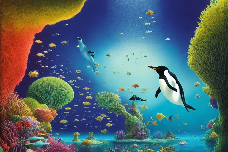 Colorful Underwater Scene with Penguins and Marine Life