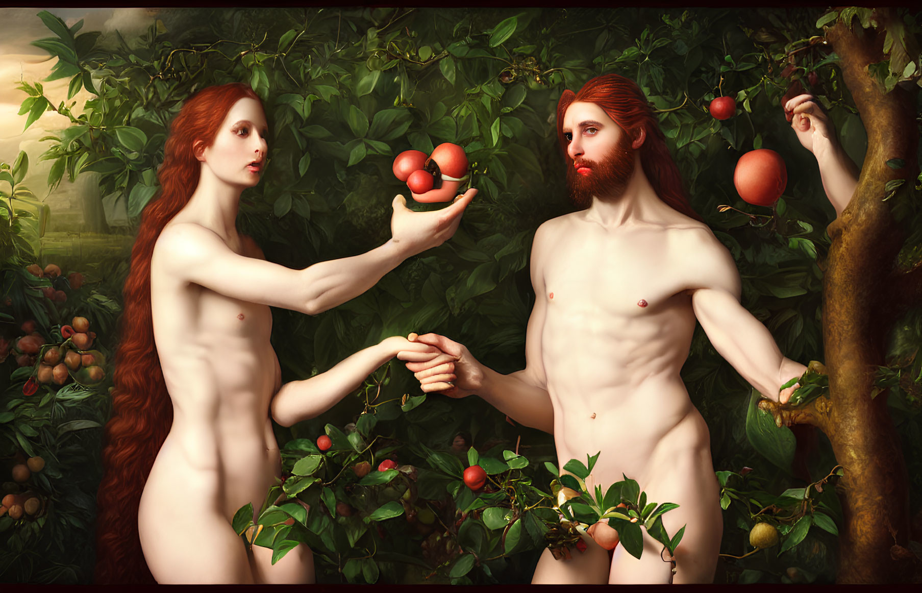 Nude figures with red hair in lush garden, woman offering fruit to man near apple tree reminiscent of