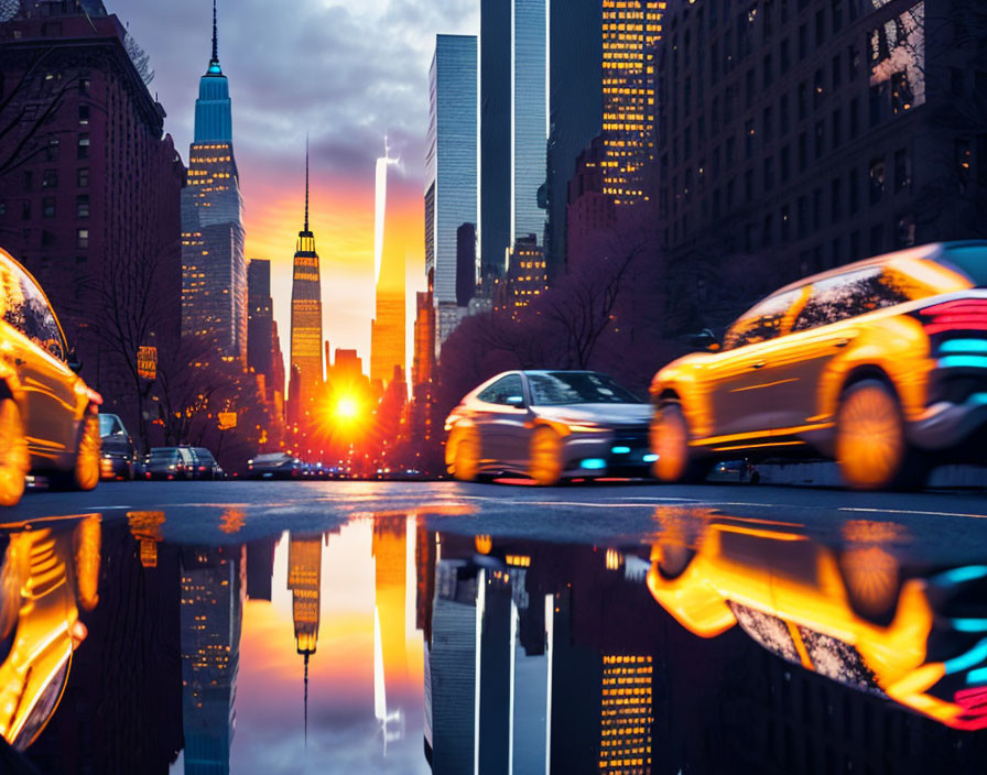 Urban sunset scene with cars in motion and reflective buildings